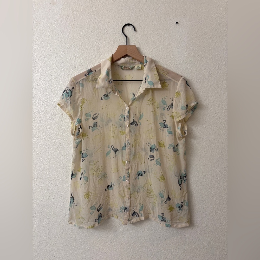 Tommy Bahama Womens Flamingo Hawaiian Shirt Short Sleeve Sheer Ivory Size XL